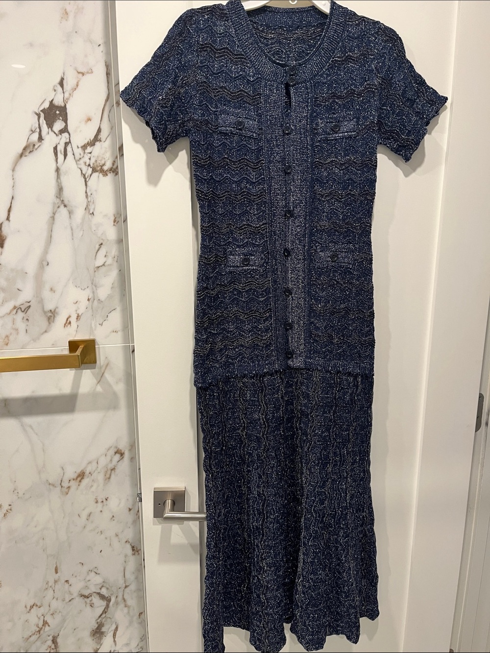 Sandro Navy Blue Textured Knit Short-Sleeve dress